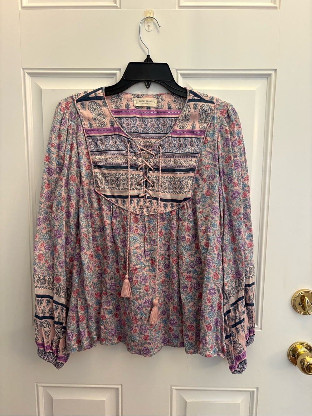 Lucky Brand Multi-Color Floral Lace-Up Peasant Top